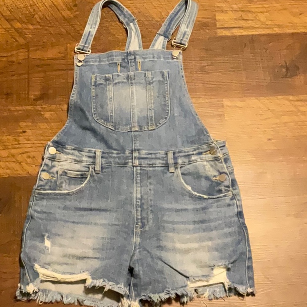 Blue Denim One Piece with Distressed Details and Adjustable Straps
